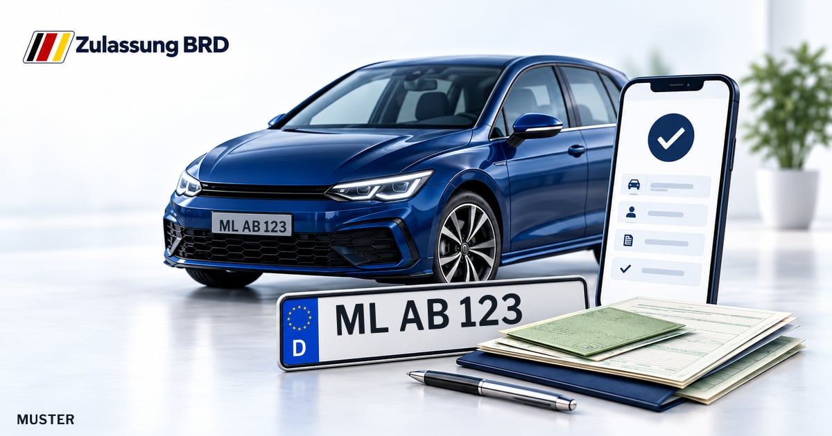 Online Fahrzeugzulassung in Landkreis Mansfeld-Südharz: Musterkennzeichen ML AB 123, Auto und Fahrzeugpapiere und Smartphone. Illustration mit Logo von Zulassung BRD.